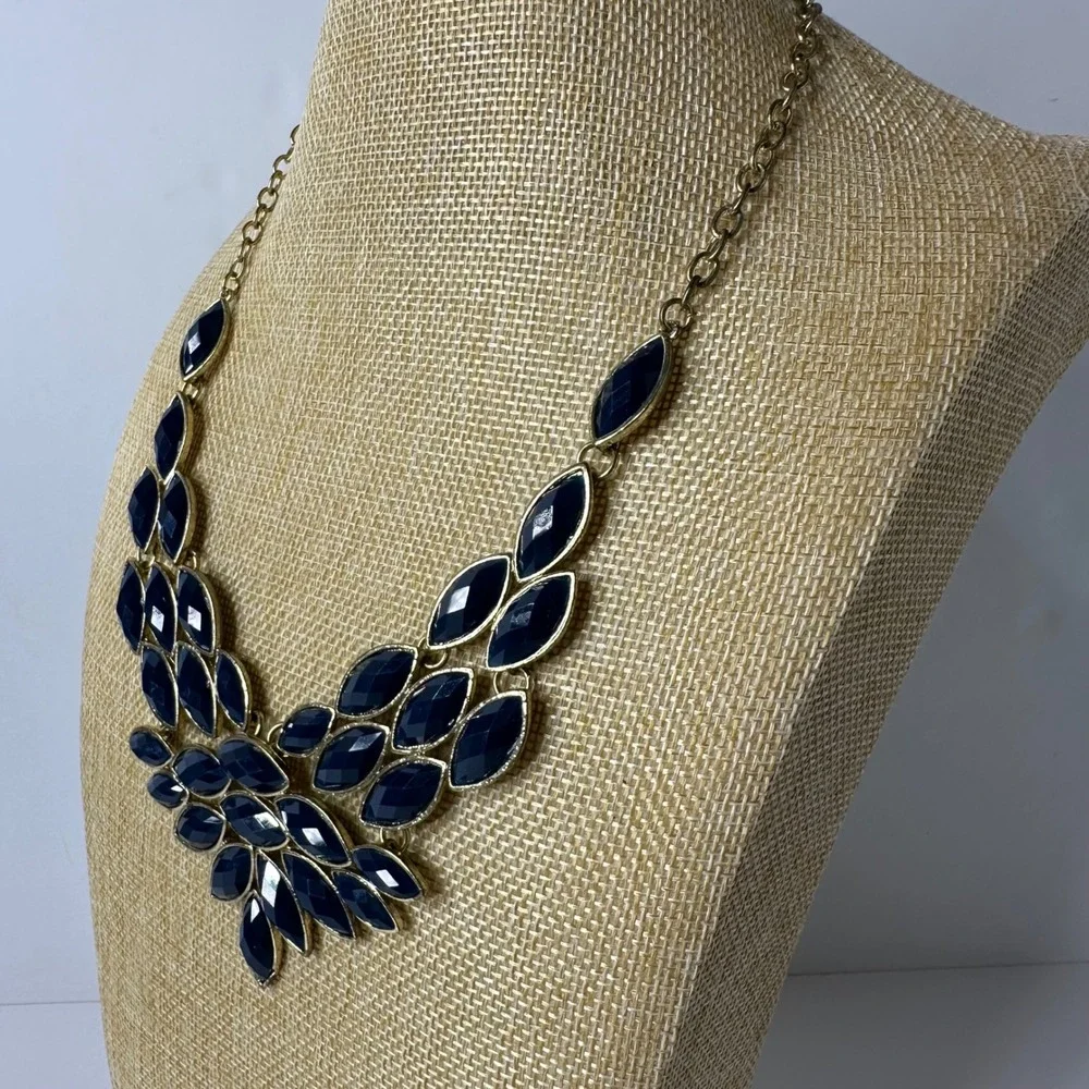 Navy Blue Marquise Rhinestone Bib Necklace Gold Tone Statement Adjustable‎ Chain